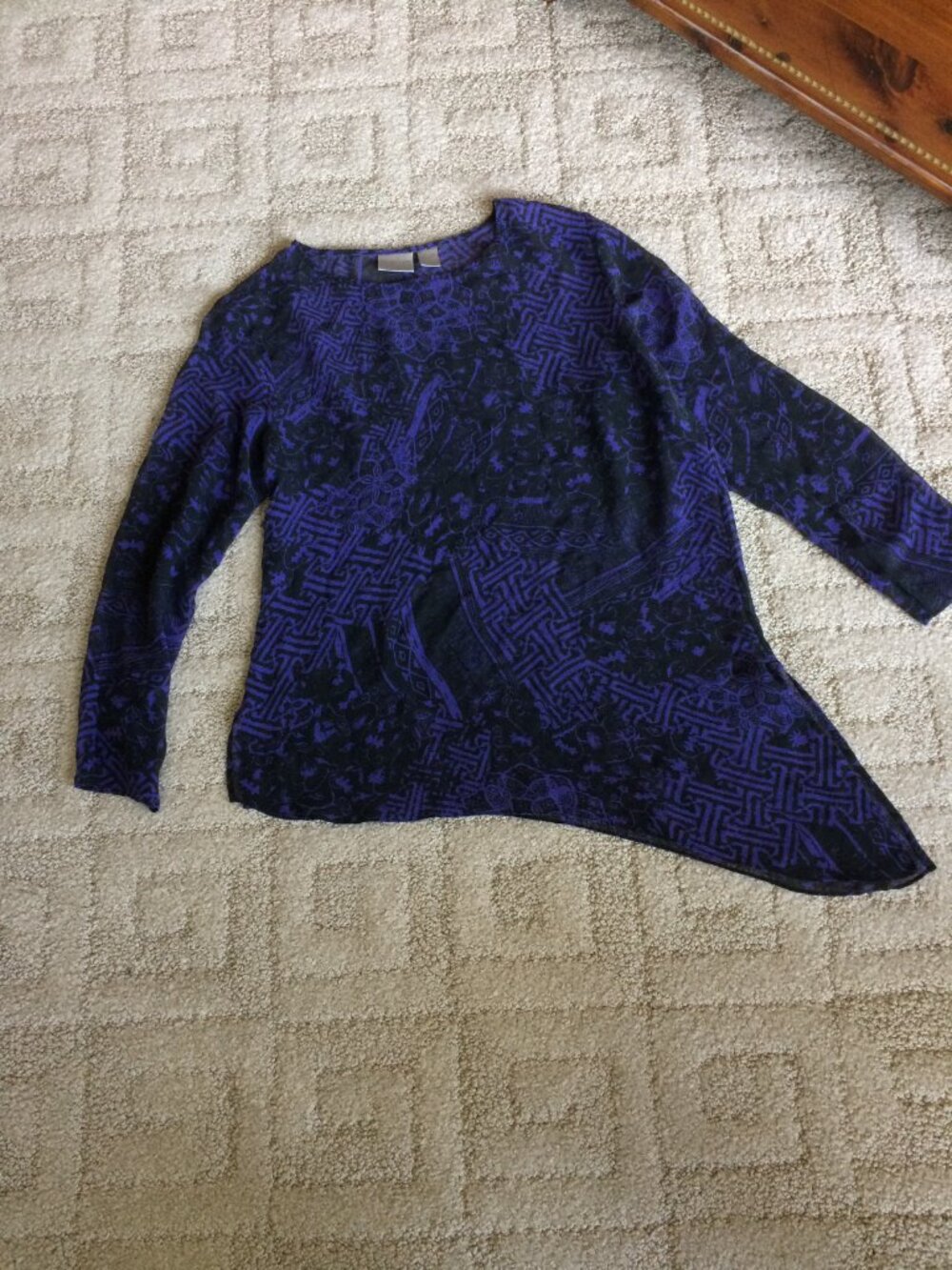 Chico’s Black and Purple Long Sleeve Sheer Silk Asymmetrical Top - Picture 7 of 16
